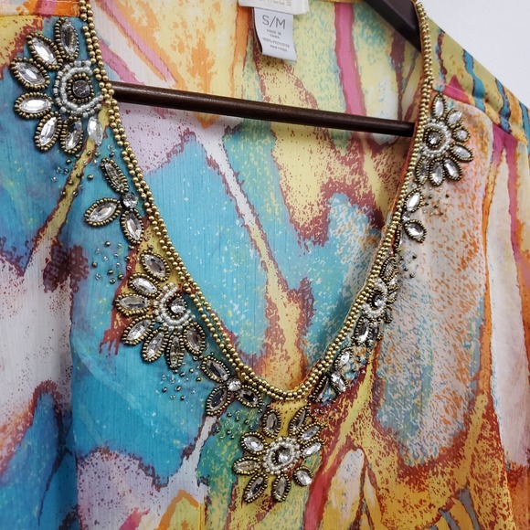Chicos Womens Multicolor Sheer Beaded Kimono Top Size S/M Artsy Eclectic Flowy - Picture 2 of 9